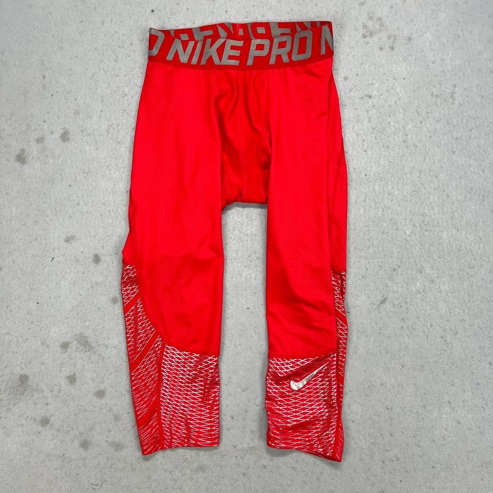 Nike Pro Women Red Silver Metallic Compression Leggings Training Tights Large